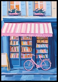 A poster of a colorful bookstore with a pink bicycle-6