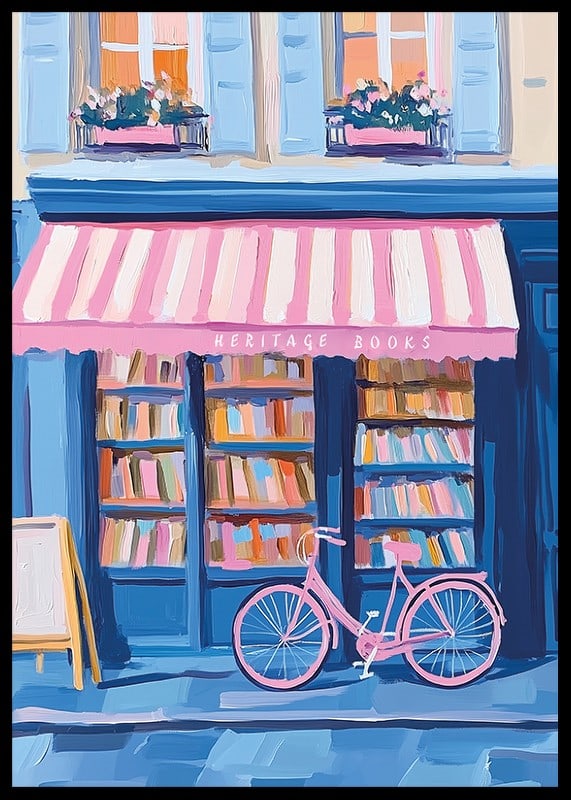 A poster of a colorful bookstore with a pink bicycle-12
