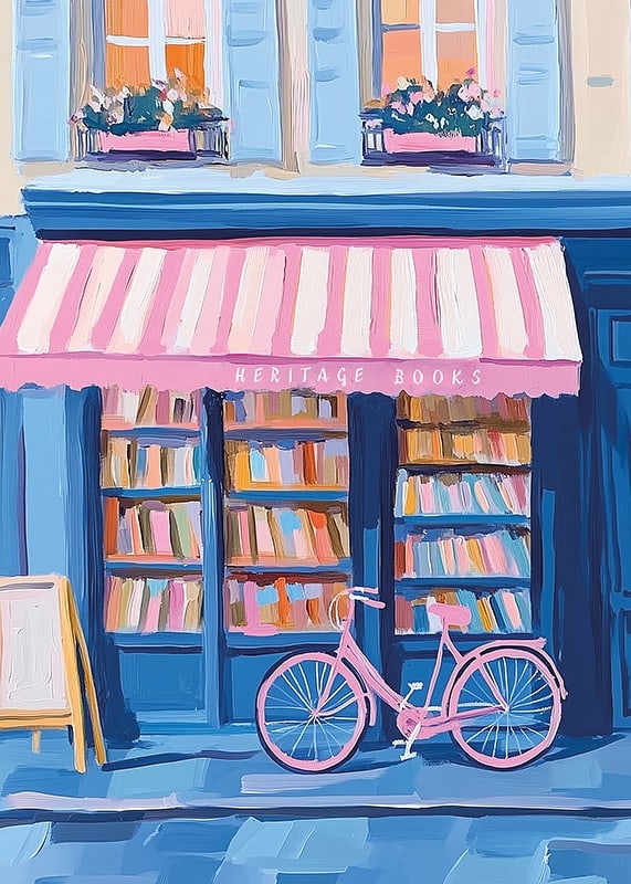 A poster of a colorful bookstore with a pink bicycle-12