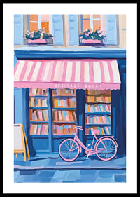 A poster of a colorful bookstore with a pink bicycle-0
