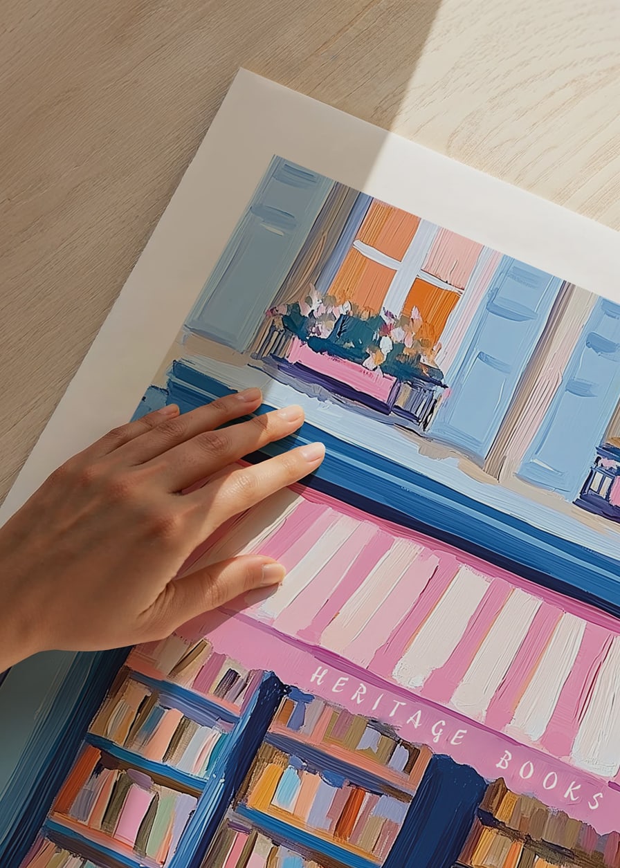 A poster of a colorful bookstore with a pink bicycle-12