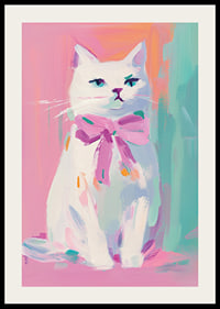 En poster av en stolt vit katt med rosa rosett-2