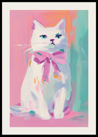 A poster of a proud white cat with a pink bow-2