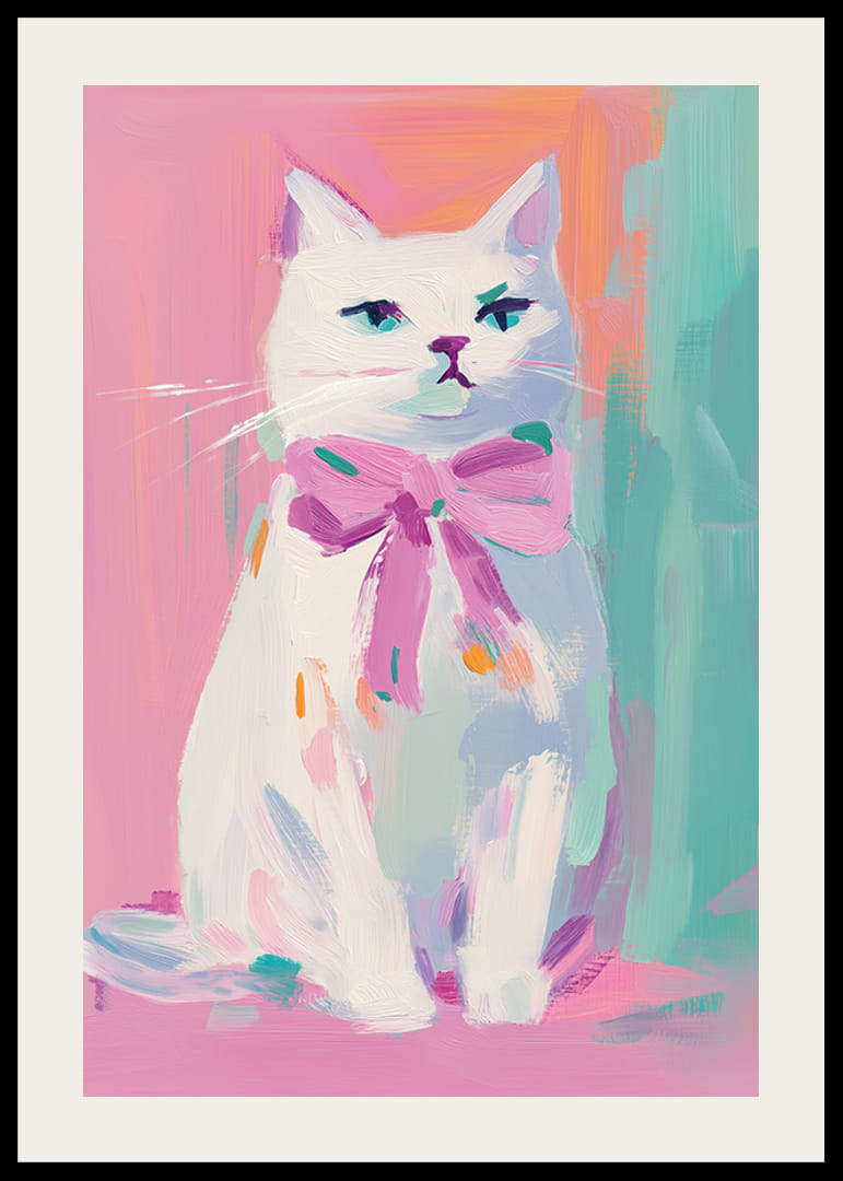 A poster of a proud white cat with a pink bow-12