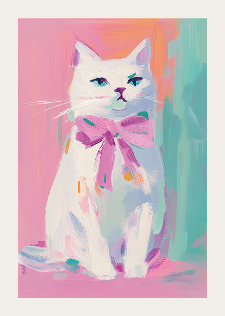 A poster of a proud white cat with a pink bow-12