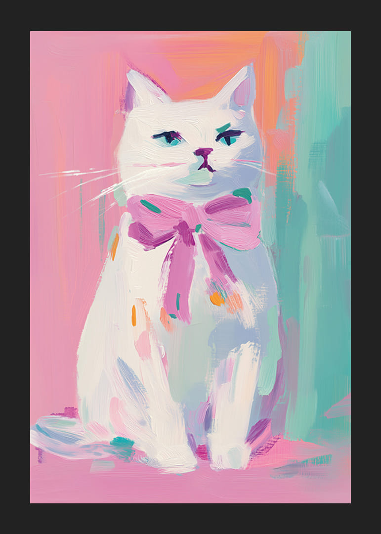 A poster of a proud white cat with a pink bow-12