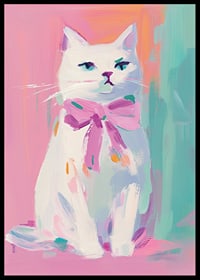 En poster av en stolt vit katt med rosa rosett-6