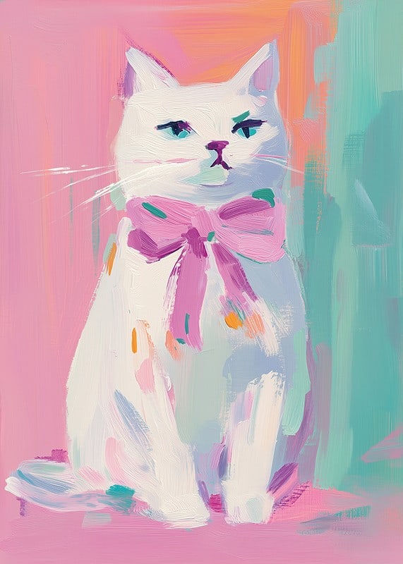 En poster av en stolt vit katt med rosa rosett-12