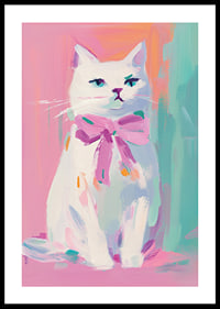 En poster av en stolt vit katt med rosa rosett-0