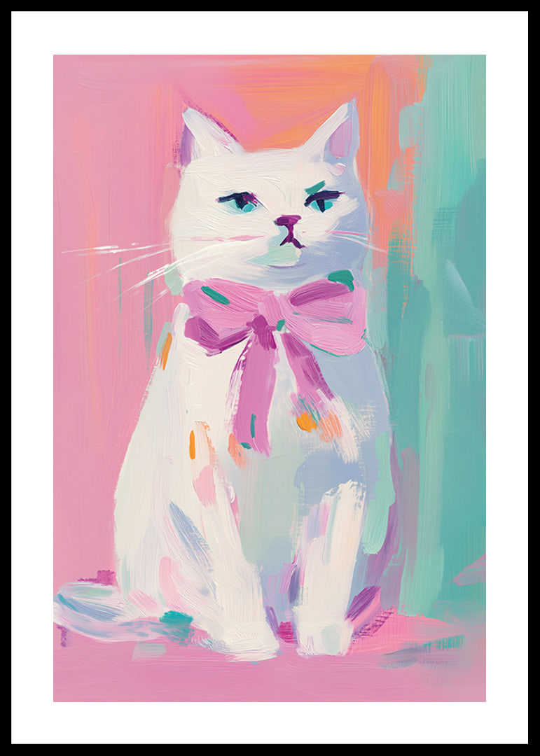 En poster av en stolt vit katt med rosa rosett-12