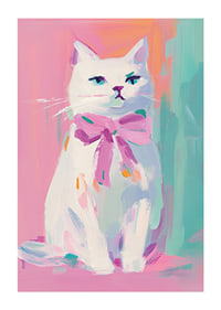 En poster av en stolt vit katt med rosa rosett-1