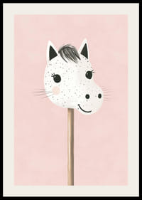 A poster of a happy, spotted stick horse against a pink background-2