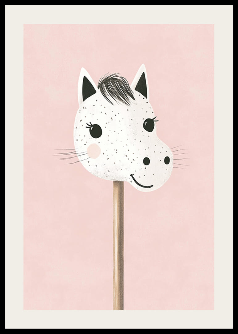 A poster of a happy, spotted stick horse against a pink background-12