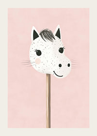 A poster of a happy, spotted stick horse against a pink background-3