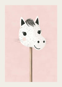 A poster of a happy, spotted stick horse against a pink background-3