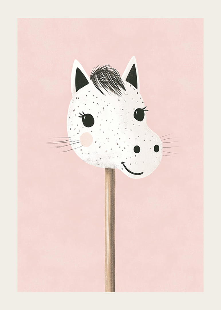 A poster of a happy, spotted stick horse against a pink background-12