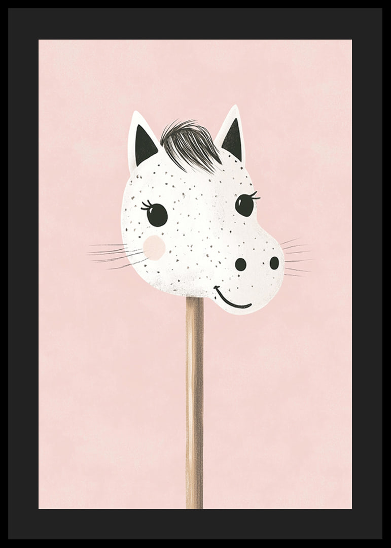A poster of a happy, spotted stick horse against a pink background-12