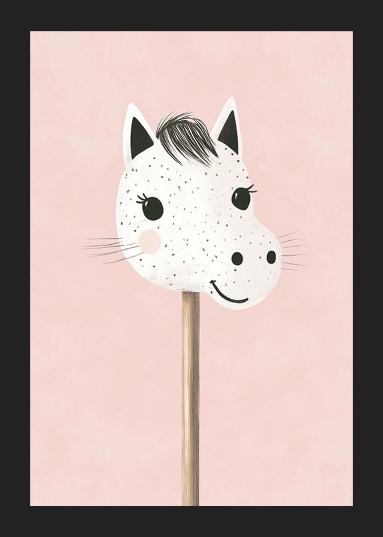 A poster of a happy, spotted stick horse against a pink background-12