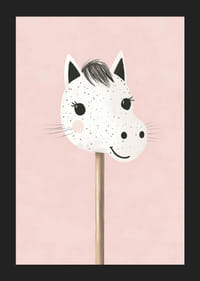 A poster of a happy, spotted stick horse against a pink background-5