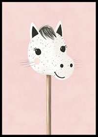 A poster of a happy, spotted stick horse against a pink background-6