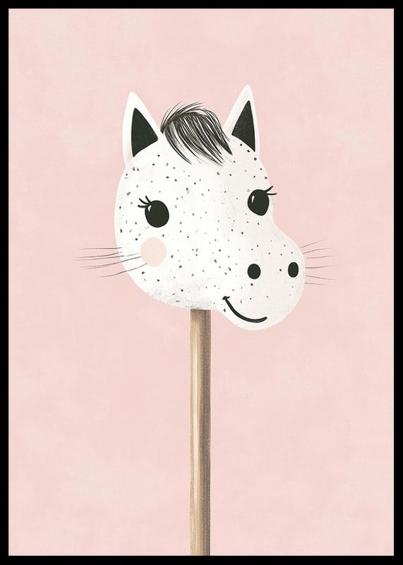 A poster of a happy, spotted stick horse against a pink background-12