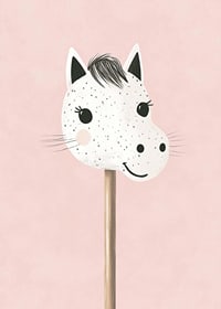 A poster of a happy, spotted stick horse against a pink background-7