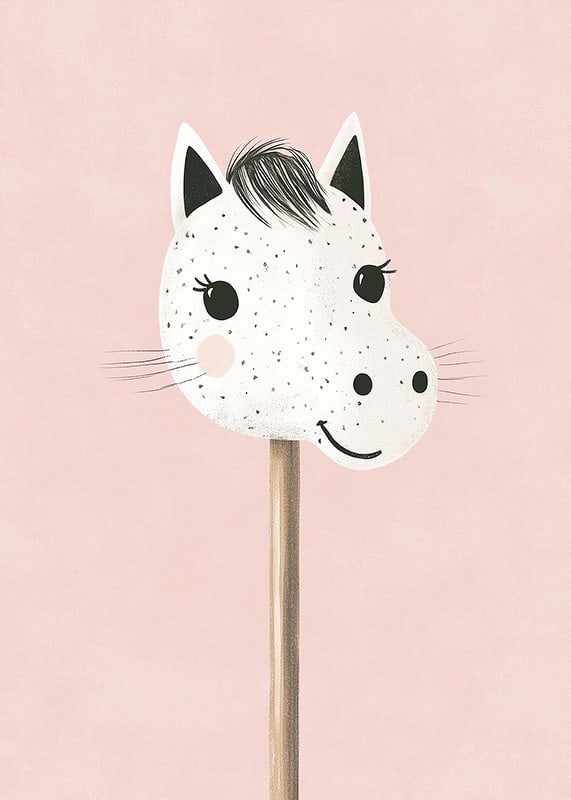 A poster of a happy, spotted stick horse against a pink background-12