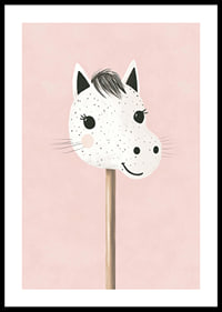 A poster of a happy, spotted stick horse against a pink background-0