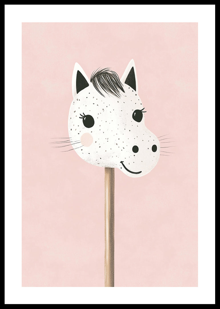 A poster of a happy, spotted stick horse against a pink background-12