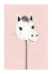 A poster of a happy, spotted stick horse against a pink background-1