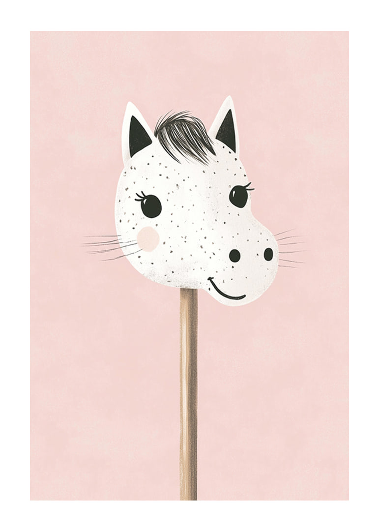 A poster of a happy, spotted stick horse against a pink background-12