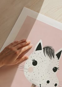 A poster of a happy, spotted stick horse against a pink background-9
