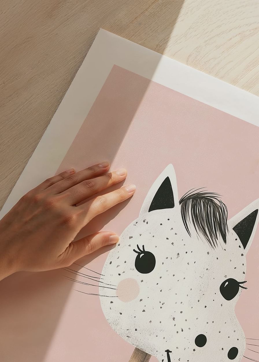 Een poster van een vrolijk, gevlekt stokpaardje tegen een roze achtergrond-12