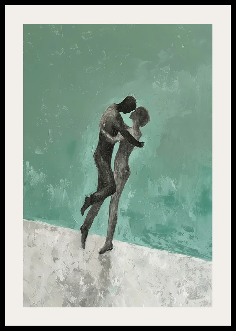 A poster of two figures in a tender embrace-12