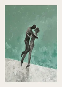 A poster of two figures in a tender embrace-3