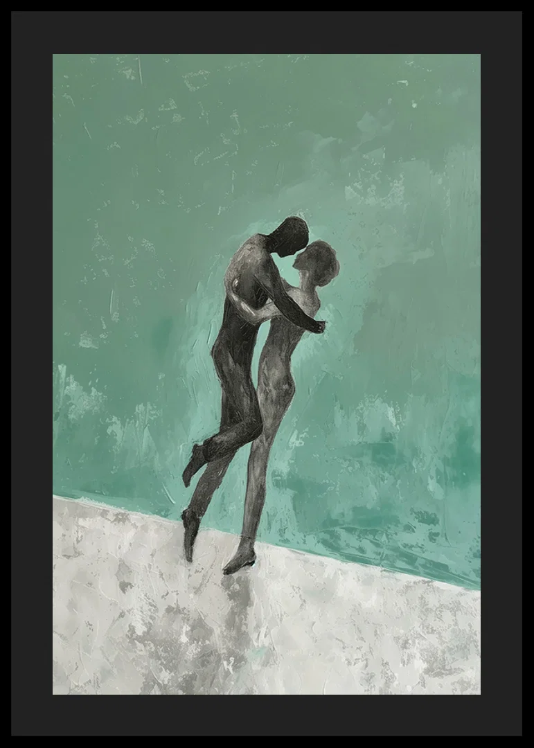 A poster of two figures in a tender embrace-12