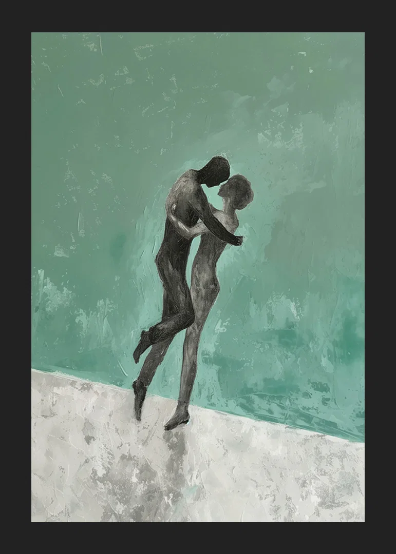 A poster of two figures in a tender embrace-12
