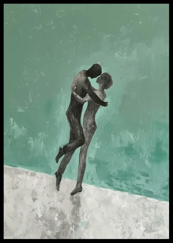 A poster of two figures in a tender embrace-12