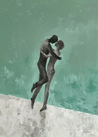 A poster of two figures in a tender embrace-7