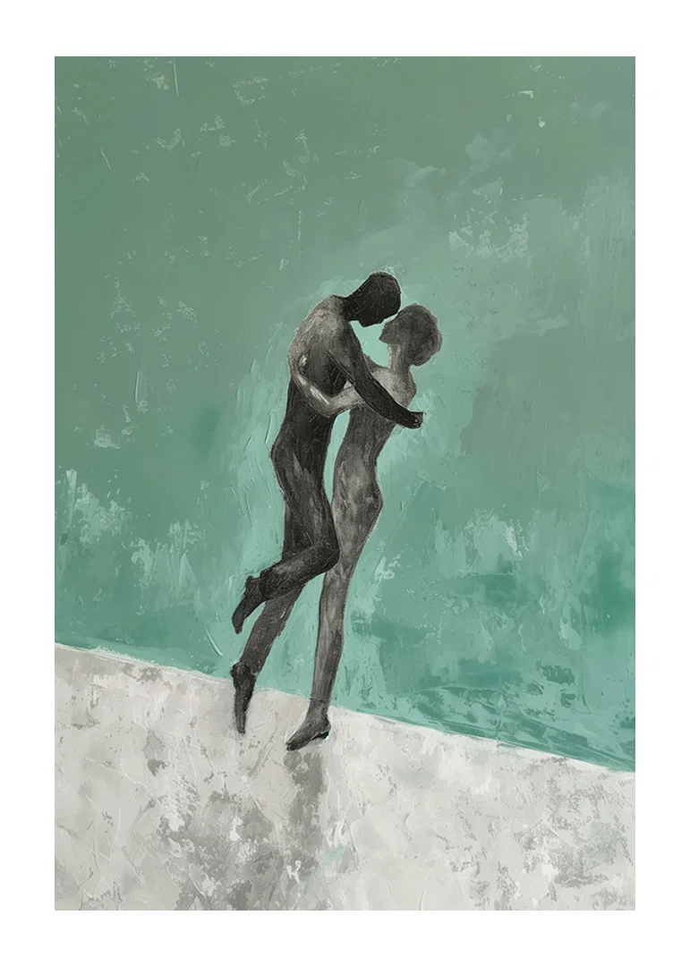 A poster of two figures in a tender embrace-12