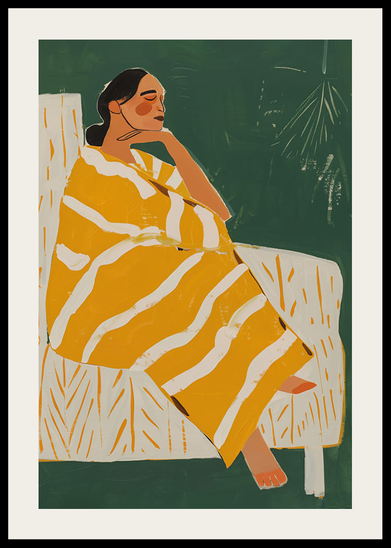 A poster of a woman in a yellow striped blanket-12