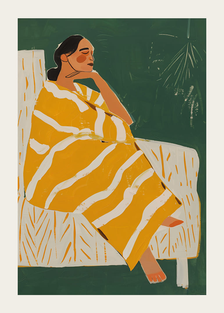 A poster of a woman in a yellow striped blanket-12