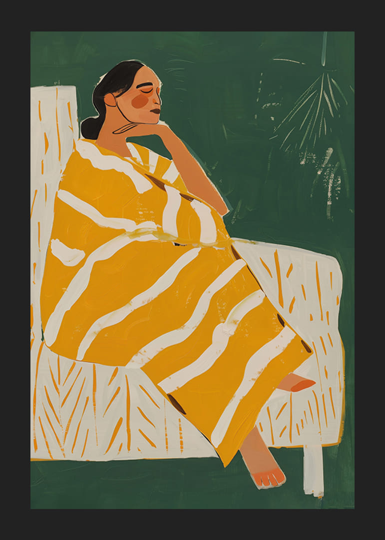 A poster of a woman in a yellow striped blanket-12