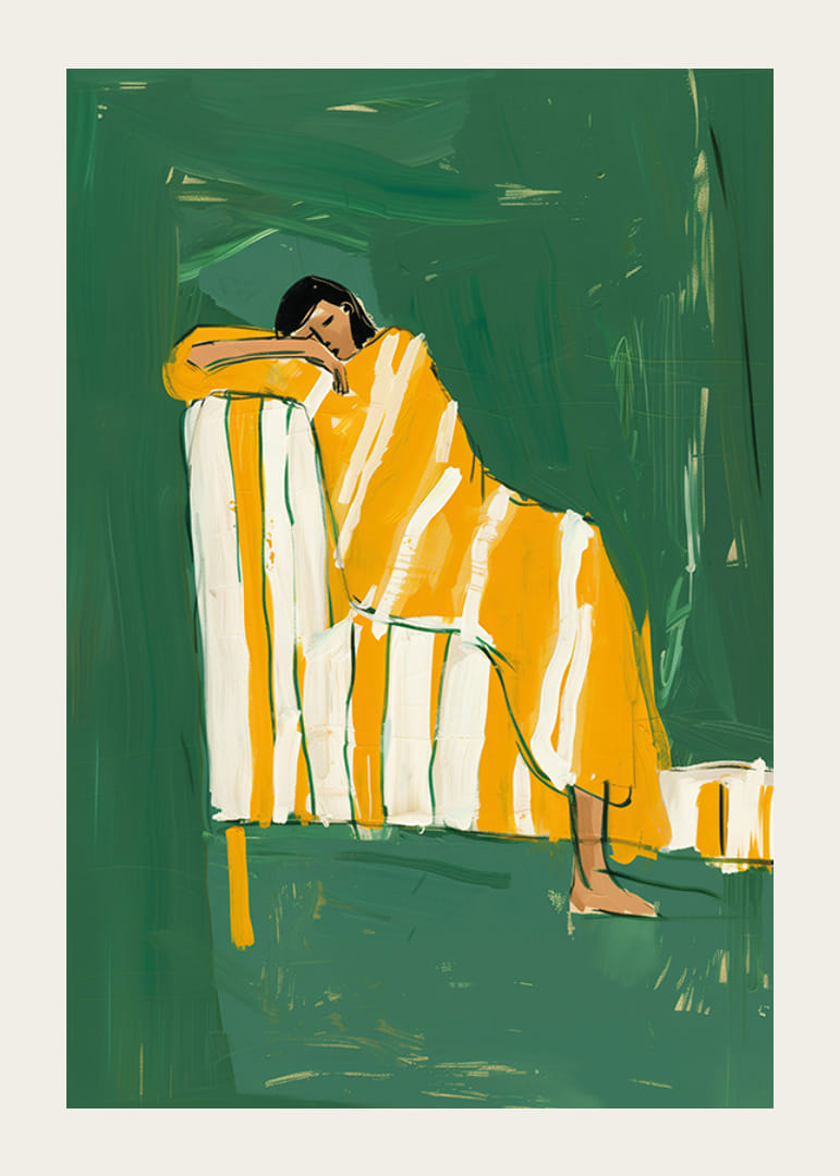 En plakat av en hvilende person i et gulstripete teppe-12