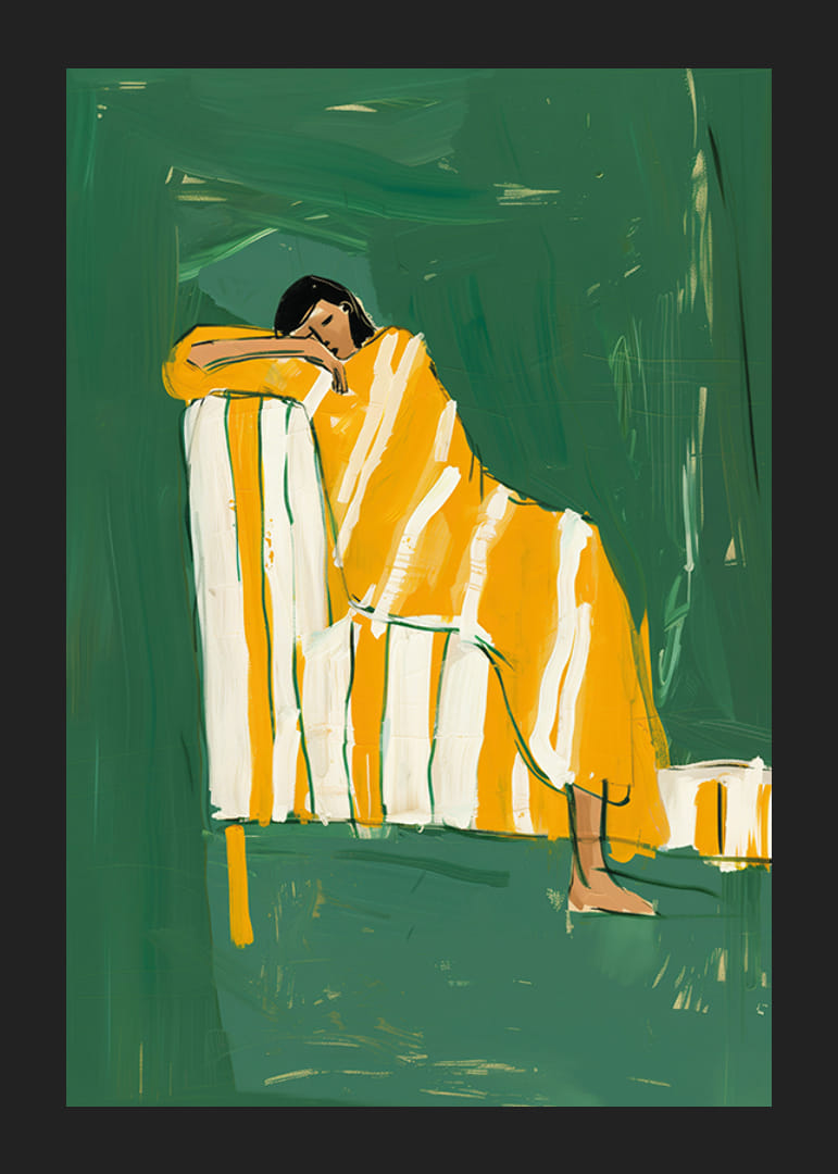 En plakat av en hvilende person i et gulstripete teppe-12