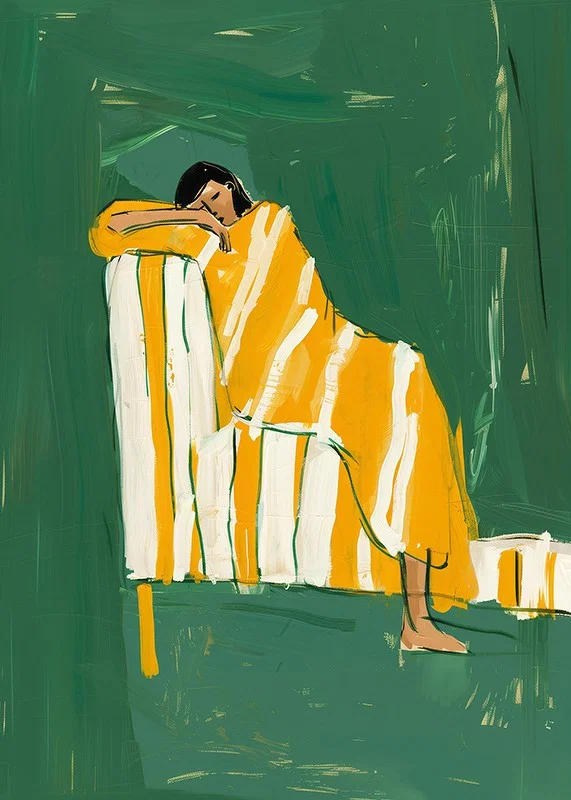 A poster of a resting person in a yellow striped blanket-12