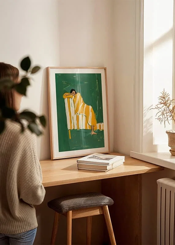 A poster of a resting person in a yellow striped blanket-12