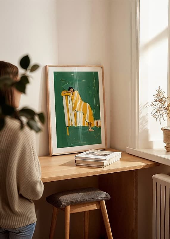 En plakat af en hvilende person i et gulstribet tæppe-12