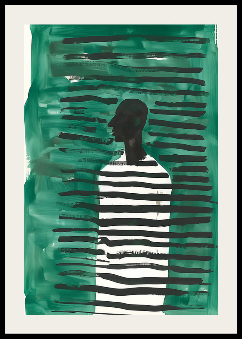 Um cartaz com uma silhueta rodeada de linhas verdes e pretas-12