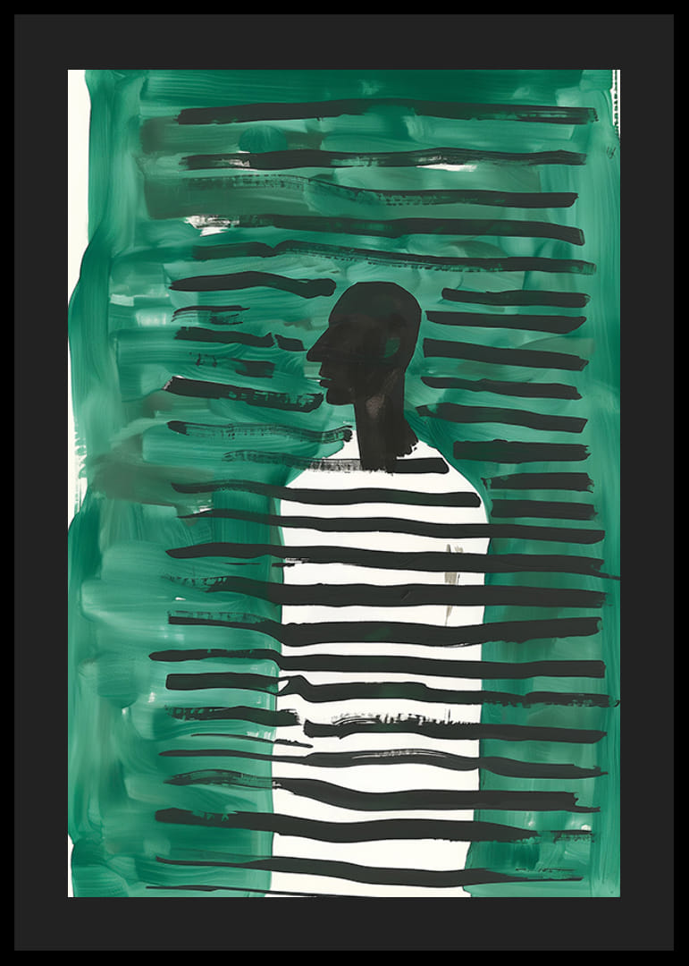 Um cartaz com uma silhueta rodeada de linhas verdes e pretas-12